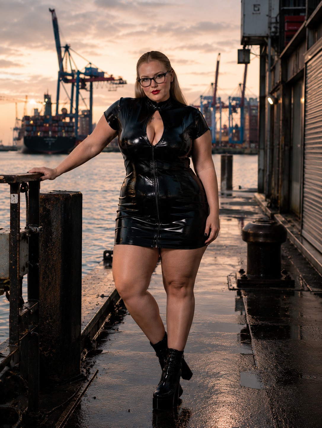Susa in schwarzem Lederoutfit am Hamburger Hafen